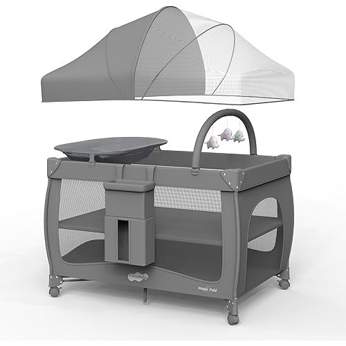 Pamo Babe Pack and Play 1-Second Setup 4-in-1 Portable Crib for Baby with Bassinet, Mosquito Net, Changing Table & Toy Arch