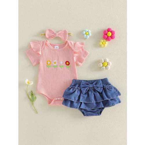 Newborn Baby Girl Clothes Ribbed Sleeve Romper Top Leopard Ruffle Shorts Bow Headband Infant Summer Outfits 0-18M | SHEIN USA