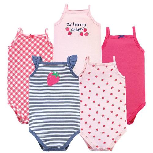 Hudson Baby Infant Girl Cotton Sleeveless Bodysuits, Pink Strawberry