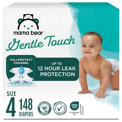 Amazon Brand - Mama Bear Gentle Touch Baby Diapers, Formulated without Fragrance, Size 4, 148 Count (4 packs of 37), with Skin Protection and Leak Protection