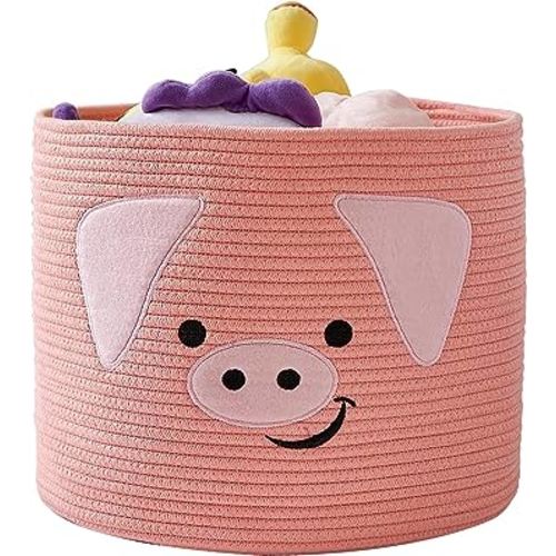 OMERAI Animal Baskets Cotton Rope Woven Storage Basket for Toys Blankets Laundry Nursery, Large Foldable Organizer with Cute Pig Design and Handles, 15"D x 12.6"H (Pink)