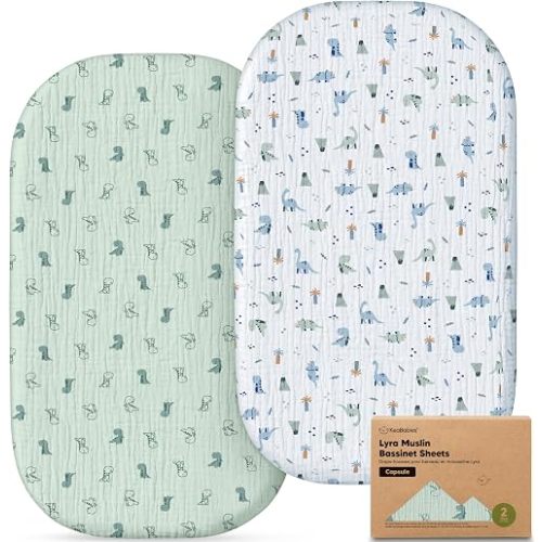 2-Pack Muslin Baby Bassinet Sheets Girls, Boys – 100% Cotton Organic Bassinet Sheets, 33x20 Oval Capsule Mattress Cover, Universal Fit Compatible with Maxi Cosi Iora Baby Bassinet Mattress (Dino Park)