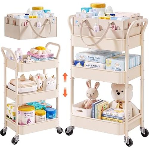 2-in-1 Diaper Cart Organizer, Beige 3 Tier Rolling Diaper Caddy with Wheels