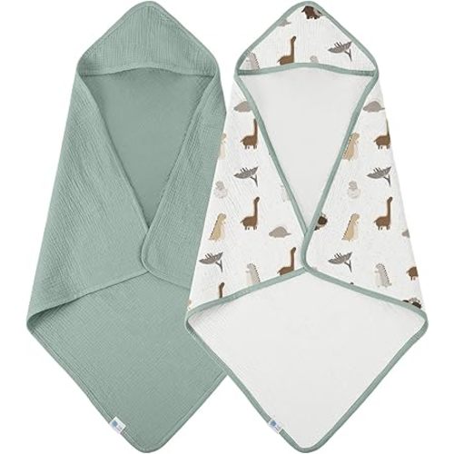 lulumoon Muslin Baby Hooded Towels: Soft & Absorbent Bath Towels for Newborns - Ideal for After Bath Routine & Registry Gift 2-Pack 32x32 Inch (Sage Dinosaur)