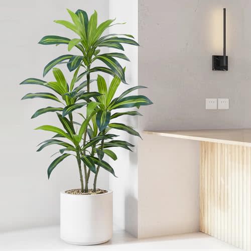Dracaena Plant Artificial Tree 4Ft Tall Fake Tropical Floor Plants Potted (Real Touch) Artificial Silk Tree Leaf Faux Trees Black Tall Planter for Home Office Living Room Indoor Outdoor Decor