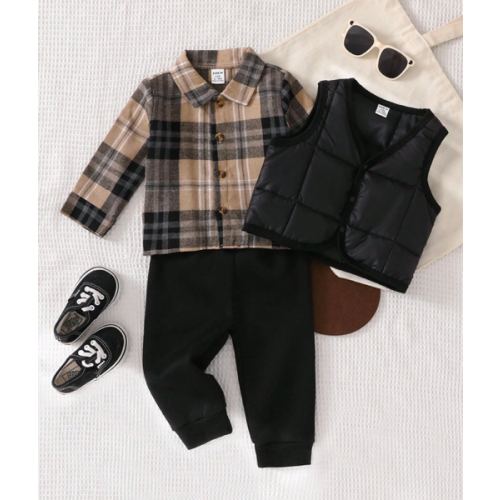 Playful Pals 3pcs Baby Boy Casual Plaid Shirt, Vest Jacket And Elastic Waist Jogger Pants Set, Suitable For Autumn/Winter Outings And Outdoor Activities Fall | SHEIN USA