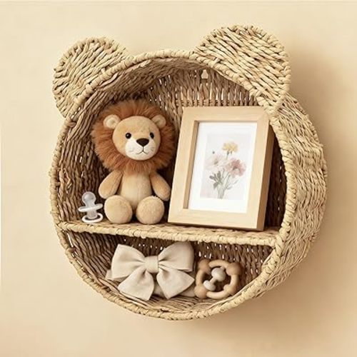 Bear Shaped Floating Wall Shelf Handwoven Natural Paper Rope Nursery Decor for Kids Room (Natural)