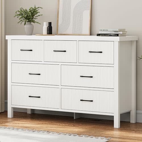 Jocoevol White Dresser 7 Drawer Dresser for Bedroom, Modern Fluted Dresser with Solid Wood Legs, Long Double Wooden Dresser Large Chest of Drawers for Living Room, Entryway, Hallway (White Fluted)