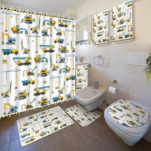 Nuanchu 6 Pcs Construction Shower Curtain Set with Rug Bathroom Sets with Shower Curtain Bath Mat U Shaped Mat Toilet Lid Cover 2 Bath Towels and 12 Hooks Excavator Tractor Bathroom Decor