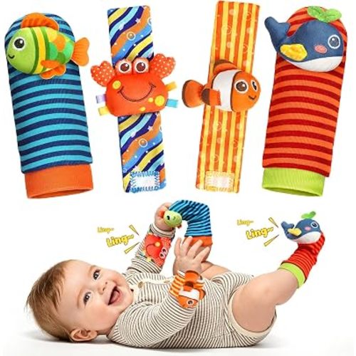 Baby Toys 0-6 6-12 Months, Baby Wrist Rattle Socks and Foot Finder Set