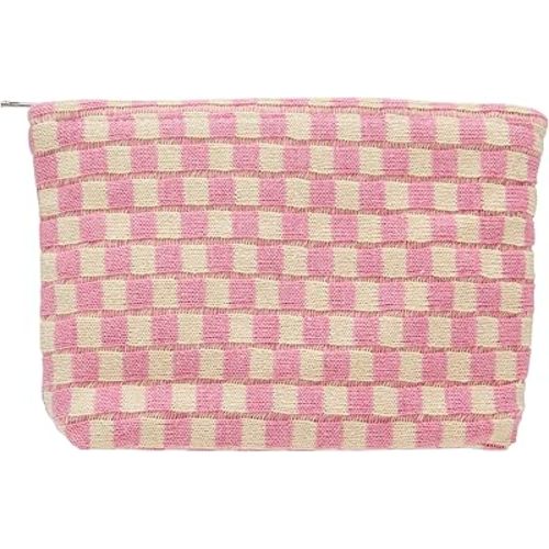 Knitted Checkered Makeup Bag Large Zipper Make Up Accessory Pouch for Purse Cosmetic Brush Bag for Travel Essential Pink Beige