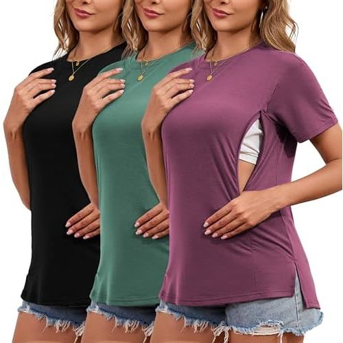 Liu & Qu Breastfeeding Shirts for Women 3 Pack Hidden Zipper Nursing Tops Side Split Postpartum Clothes