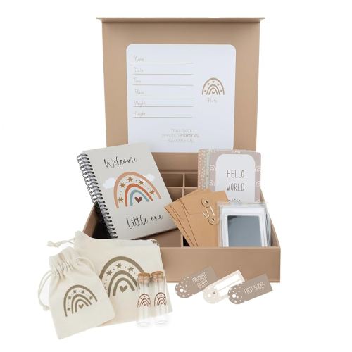 Baby Keepsake Box with Baby Memory Book, Newborn Footprint Kit, Baby Milestone Cards, Tooth Fairy Keepsake Tubes and Memory Organizer Envelopes. Unisex Baby Shower Box for Boy or Girl