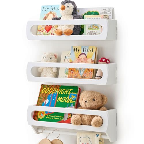 Homewisp Floating Shelves for Wall, Premium Bamboo Wood, Fully Assembled - Nursery Book Shelves, Nursery Decor, Book Shelf for Kids Rooms, Set of 3 White