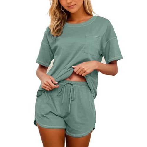 KCW Pajamas for Women Set 2 Piece 100% Cotton Lounge Sets Short Sleeve Top and Shorts Pj Set Sleepwear Outfits
