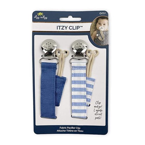 Itzy Ritzy Linen Pacifier Clips; Fabric Pacifier Strap with Clip Keeps Pacifiers & Teethers in Place; Includes Universal Attachment Clip and Loop; 2-Pack of Blue and Blue Stripe
