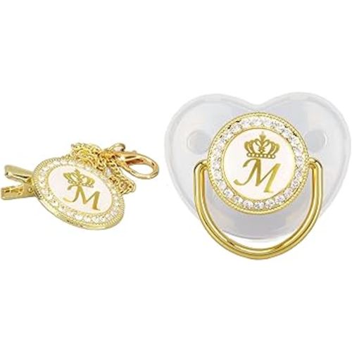 Pacifier Clips Baby Girl, 26 Letter Rhinestone Baby Pacifier with Name Initial Letter, Curved Bling Pacifier for Girl, Newborn Baby Girl Pacifiers Clips, Baby Shower Birthday Gifts (M)