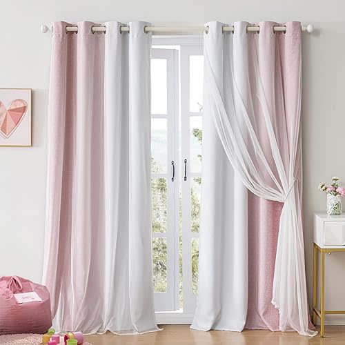 100% Blackout Curtains with Sheer Overlay Mix and Match Double Layer Drapes 84 Inch Long 2 Panels for Girls Bedroom Living Room Pink White Ombre Grommet Window Treatment with Tiebacks