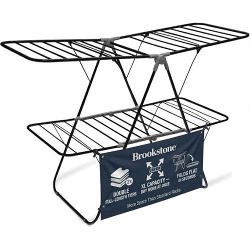 Brookstone 2 Tier Folding Rack - Indoor/Outdoor Collapsible Clothes Dryer Stand Laundry or Shoe Rack, Heavy Duty Freestanding Garment Hanger, Foldable, Clothing Drying Rack, White