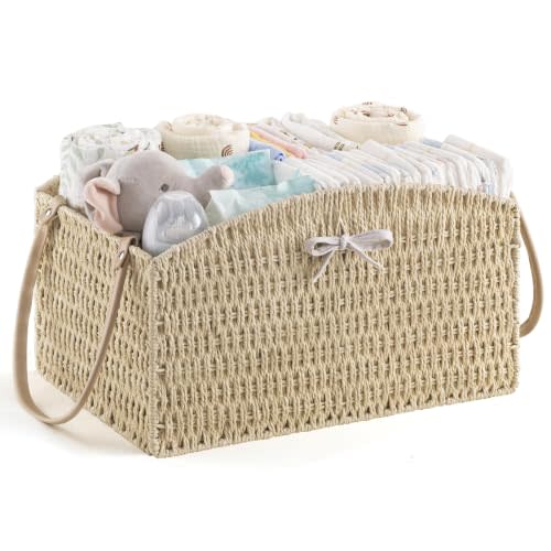 HBlife Diaper Caddy Organizer Detachable Portable Hand-Woven Storage Basket | Elegant Curved Design, Lightweight paper rope material, Car organizer, nursery bin, Newborn essentials