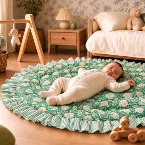 Block Print Quilted Play Mat Ruffle, Play Mat For Newborns, Baby play mat, Baby Rug, Round Baby Mat, Nursery Floor mat, Infant Activity Mat,