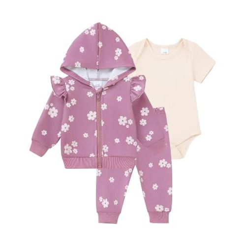 SUNNY PIGGY Baby Girl Clothes 3Pcs Infant Fall Hooded Outfits 0-18 Months | Newborn Outfit,Ruffle Printed Zip-up Jacket,Cute Snap Baby Bodysuit,Elastic-Waist Pants,Easy Layering,Winter Daily Wear