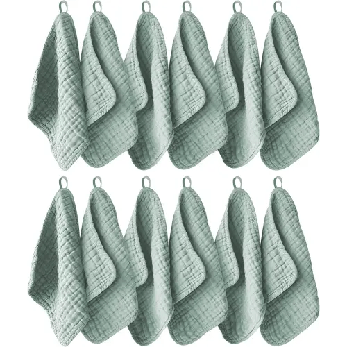 12 Pack Muslin Washcloths for Baby - 100% Cotton Baby Wash Cloths for or Baby Face Body Comfy and Soft for Newborn Infants Kids Girls and Boys - 12"x12" - Green