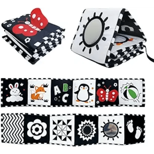 Aila+Aiden Baby Toys, Tummy Time High Contrast Newborn Toys 0-3 Months, Soft Cloth Foldable Baby Book, Visual Stimulation Montessori Sensory Infant Baby Book (Black White and Colorful)