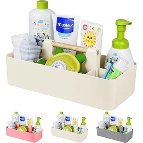 Baby Shower Caddy Plastic Nursery Portable Storage Organizer Caddy Tote for Child/Kids, Divided Basket Bin with Wood Handle for Bathroom, Dorm Room, Holds Hand Soap, Bottles, Spoons (Beige)