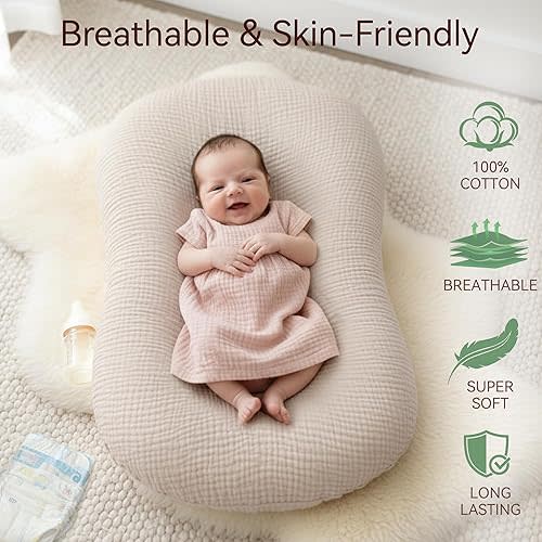 Muslin Baby Lounger Cover 2 Pack, Cotton Soft Breathable Infant Nest Slipcovers, Envelope Closure, Compatible with Snuggle Me Loungers, Machine Washable, Cover Only, for Boys Girls(Brown & Beige)