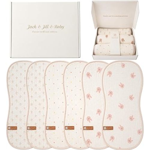 Jack & Jill & Baby Muslin Burp Cloths, 100% Cotton Baby Burp Cloths, 6-Pack Large Soft Absorbent Burping Cloths for Babies, Newborn Essentials (Bunny, Floral & Polka Dots)