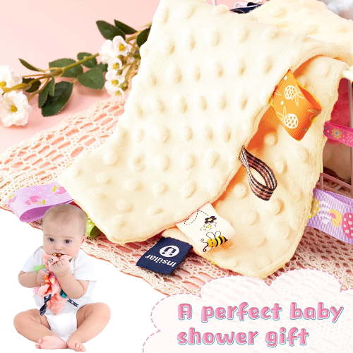 Taggies for Baby Tag Blanket Baby Lovey Security Blanket Tags Toy 10"x10" Plush Soothing Appease Blanket for Boys and Girls, Yellow