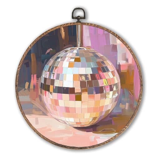 Hxlac Trendy Funky Pink Disco Ball Round Wall Art Framed, Funky Retro Round Wall Decor, Trendy Aesthetic Hanging Canvas Prints Wall Sculptures for Home Living Room Bedroom Decor, 10x10 Inch
