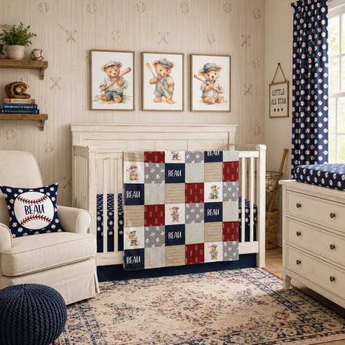 Personalized Baseball Crib Bedding Set | Teddy Bear Sports Nursery Decor