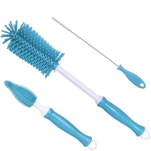 Silicone Bottle Brush Set, 12" Long Handle, Nipple and Straw Brushes | Soft Silicone Bristles | For Water Bottles, Baby Bottles, Sports Bottles, Vases and Glassware