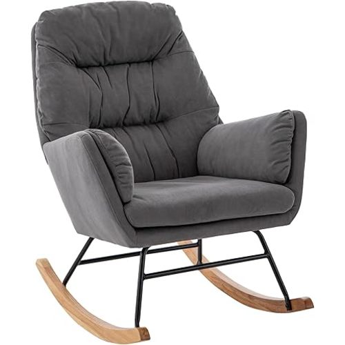 Lamberia Nursery Rocking Chairs for Baby Room Gray Teddy Upholstered Glider Recliner with High Backrest and Padded Armrests, Comfy Rocker Chair for Nursery Bedroom Living Room Office