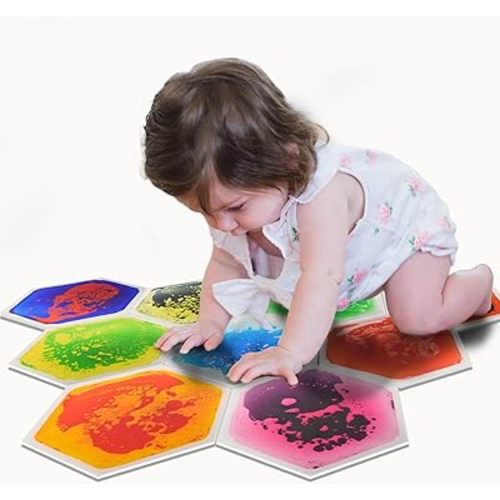 Art3d 9-Tile Hexagon Sensory Floor Tiles for Kids, Toddlers and Children, Colorful Liquid Sensory Activity Mat for Active Play and Decorative