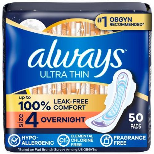 Always Ultra Thin Overnight Absorbency Unscented Pads with Wings - Size 4 - 50ct