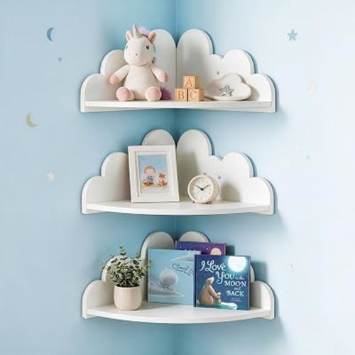 White Cloud Floating Corner Shelves Set of 3 Thickened version, Corner Shelves Wall Mounted for Kids Room Nursery, Cloud Decor Wall Shelf & Nubes para Decorar Cuarto Storage Shelves for Toys Plants