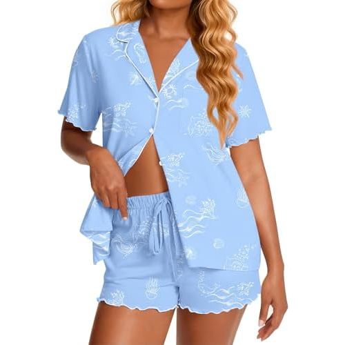 Ekouaer Viscose from Bamboo Women Pajama Sets Button Up Cooling Pjs Short Sleeve Ruffle Sleepwear 2 Piece Lounge Shorts Set