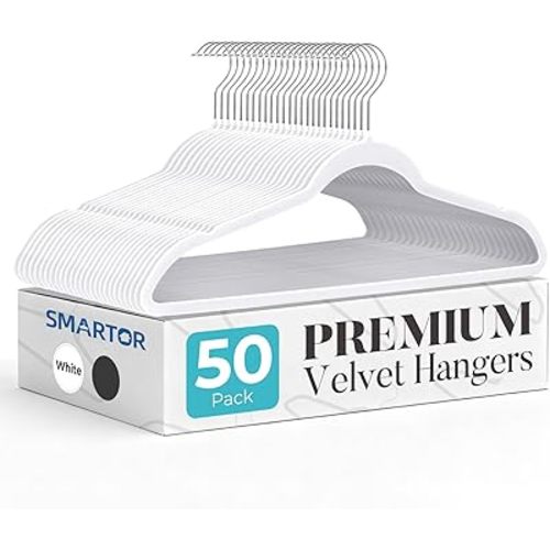Smartor White Velvet Hangers 50 Pack, Non Slip Clothes Hangers with Shoulder Notches, Premium Slim Space Saving Felt Hanger for Closet Organizers and Storage, Heavy Duty Hanger for Coat