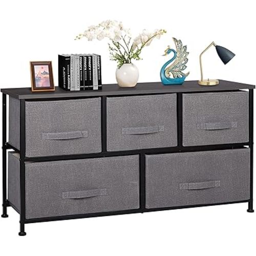 SUPER DEAL 5 Drawer Dresser for Bedroom Fabric Chest of Drawers for Closet Wide Clothes Storage Organizer with Heavy Duty Steel Frame and Wood Top, Grey