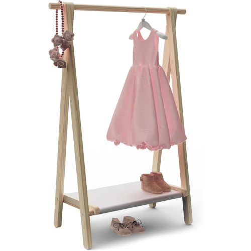 Dress up Rack, Child Garment Rack, Kids Clothing Rack with Storage Shelf (Natural Beech, 29.5" L x 14.5" W x 40" H)