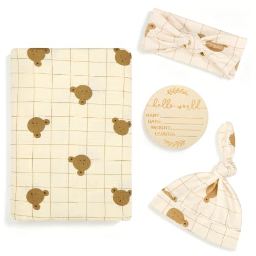 TANOFAR Muslin Swaddle Blankets for Girls Boys 4 Pack, Ultra Breathable Receiving Blankets Large 47 x 47 inches with Matching Headband and Beanie Set Baby Nursery Swaddle Wrap, Bear Checkerboard