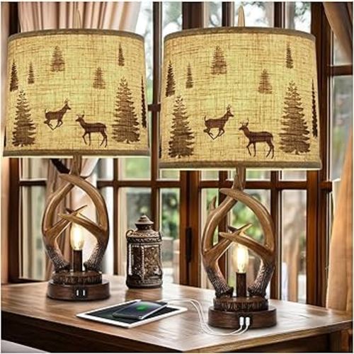 Scenekoy Rustic Farmhouse Antlers Table Lamp Set of 2 with Nightlight Dual USB Ports Linen Fabric Round Shade Bedside Lamp Decor for Living Room Bedroom Office House