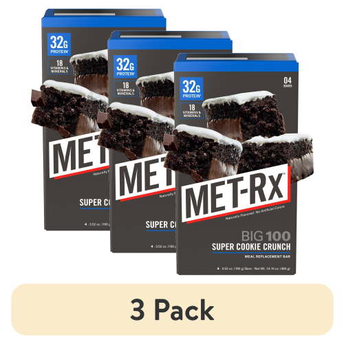 (3 pack) MET-Rx Big 100 High Protein Meal Replacement Bars, Super Cookie Crunch, 32g Protein, 3.52 oz, 4 Count
