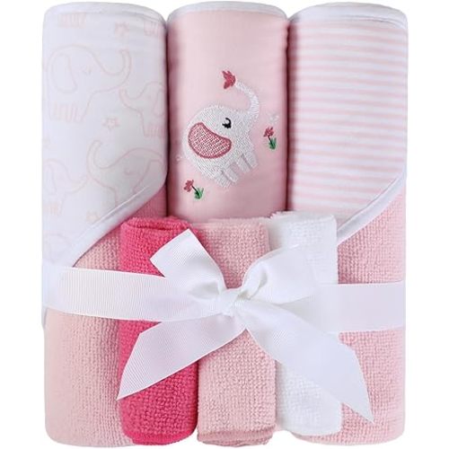 Softan Baby Hooded Towels and Washcloths Set 6 Pack, 28x28 Ultra Soft & Absorbent Baby Bath Towels for Newborn Infant Toddler, Unisex Boys Girls (Pink Elephant)