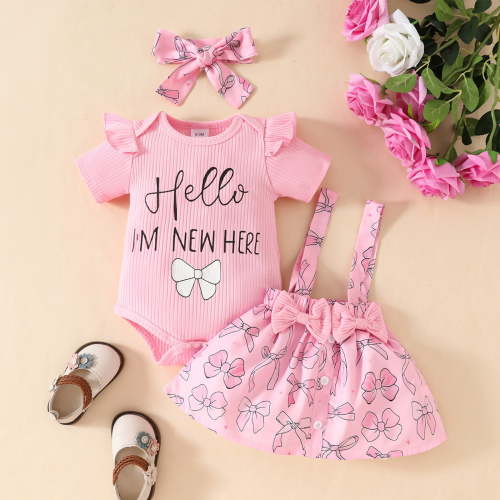 BAODANN Girls Short Sleeve Letter Prints Ribbed Romper Bodysuit Bowknot Suspender Skirts Outfits Cute Baby Things 3 Month Baby Girl Clothes New Photo Prop Crib Checke Crop Top Kids Baby Clothes Girl
