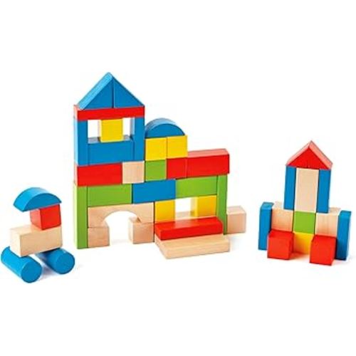 Hape Maple Wood Kids Building Blocks Stacking Wooden Block Educational Toy Set for Toddlers, 50 Brightly Colored Pieces in Assorted Shapes and Sizes