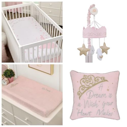 Disney Princess Enchanting Dreams Nursery Bundle – Musical Mobile, Crown Changing Pad Cover, Pom Pom Pillow & “A Dream is a Wish” Photo Op Crib Sheet
